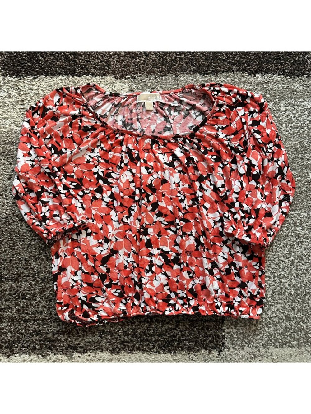 MICHAEL KORS (L) Coral Pink Red Floral Print Peasant Top Blouson Blouse 3/4